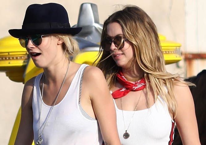 cara delevigne, ashley benson, dating, vacation, holiday, fashion, style, cafe, pda, kiss, kissing saint tropez fra clothing apparel person human sunglasses accessories accessory hat