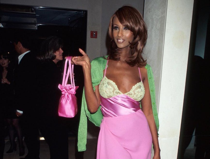 Iman in green and pink lace mini slip dress, 1996. : most beautiful woman
