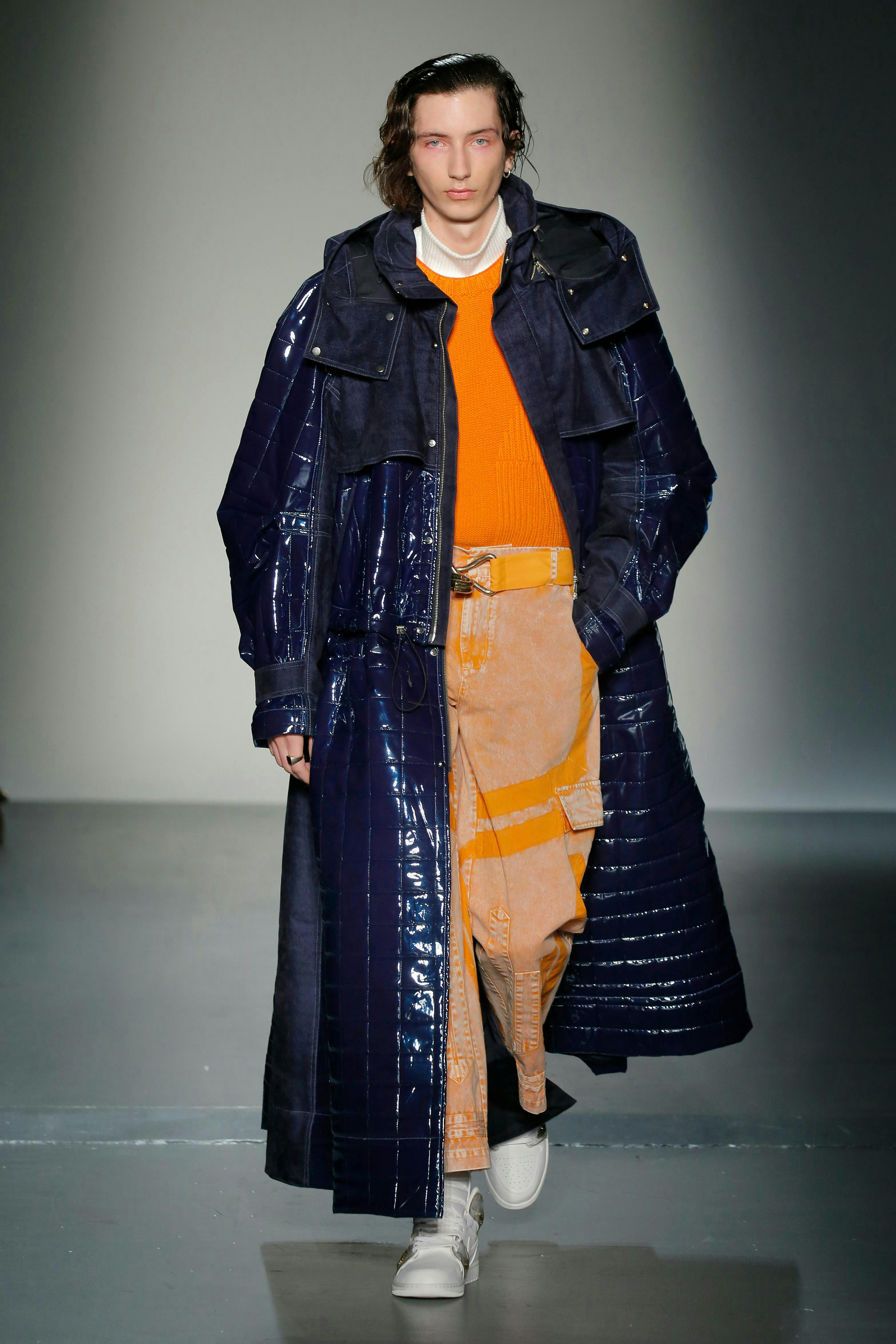 feng chen wang new york fashion week fw18 02/06/2018 clothing apparel coat overcoat sleeve person human