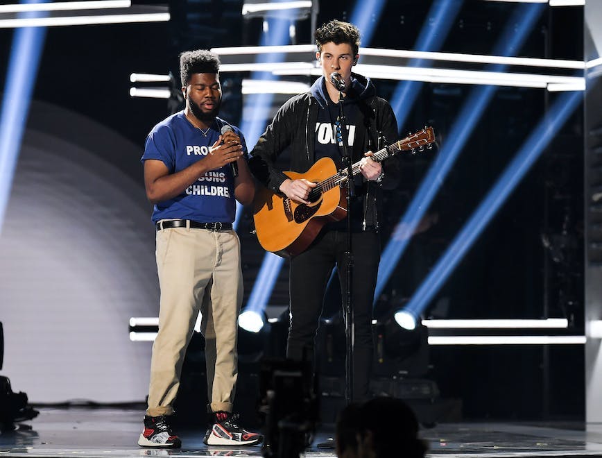 billboard music awards show las vegas usa 20 may 2018 khalid shawn mendes male personality 71695151 guitar musical instrument leisure activities person human musician crowd music band stage