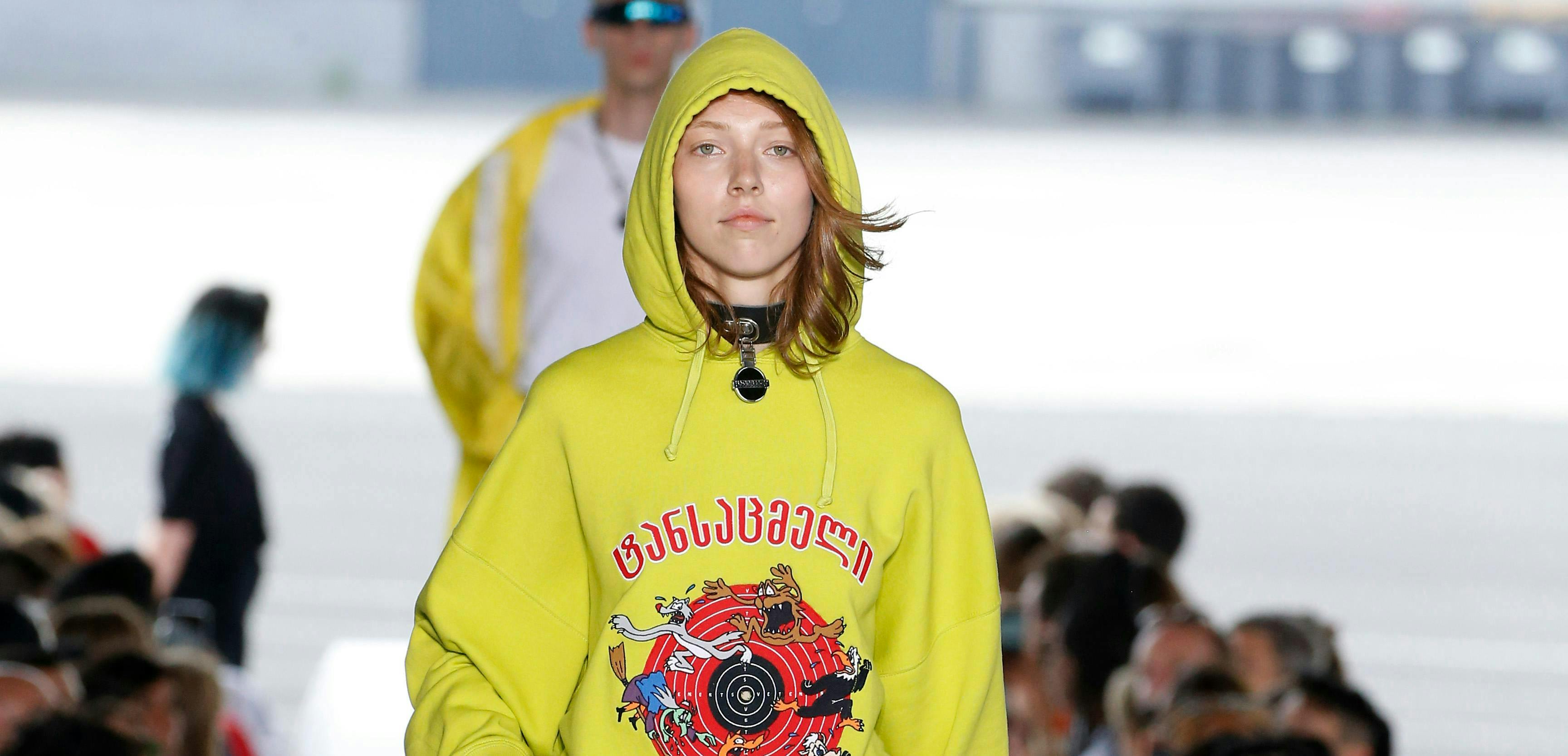 vetements. collection spring summer 2019 _paris couture july 2018 clothing apparel person human sweatshirt sweater hood