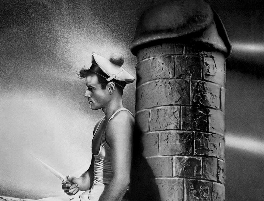 querelle year 1982 director rainer werner cinema / germany france man sailor chimney penis fassbinder brad davis movie poster (fr) based upon the novel of jean genet person human advertisement