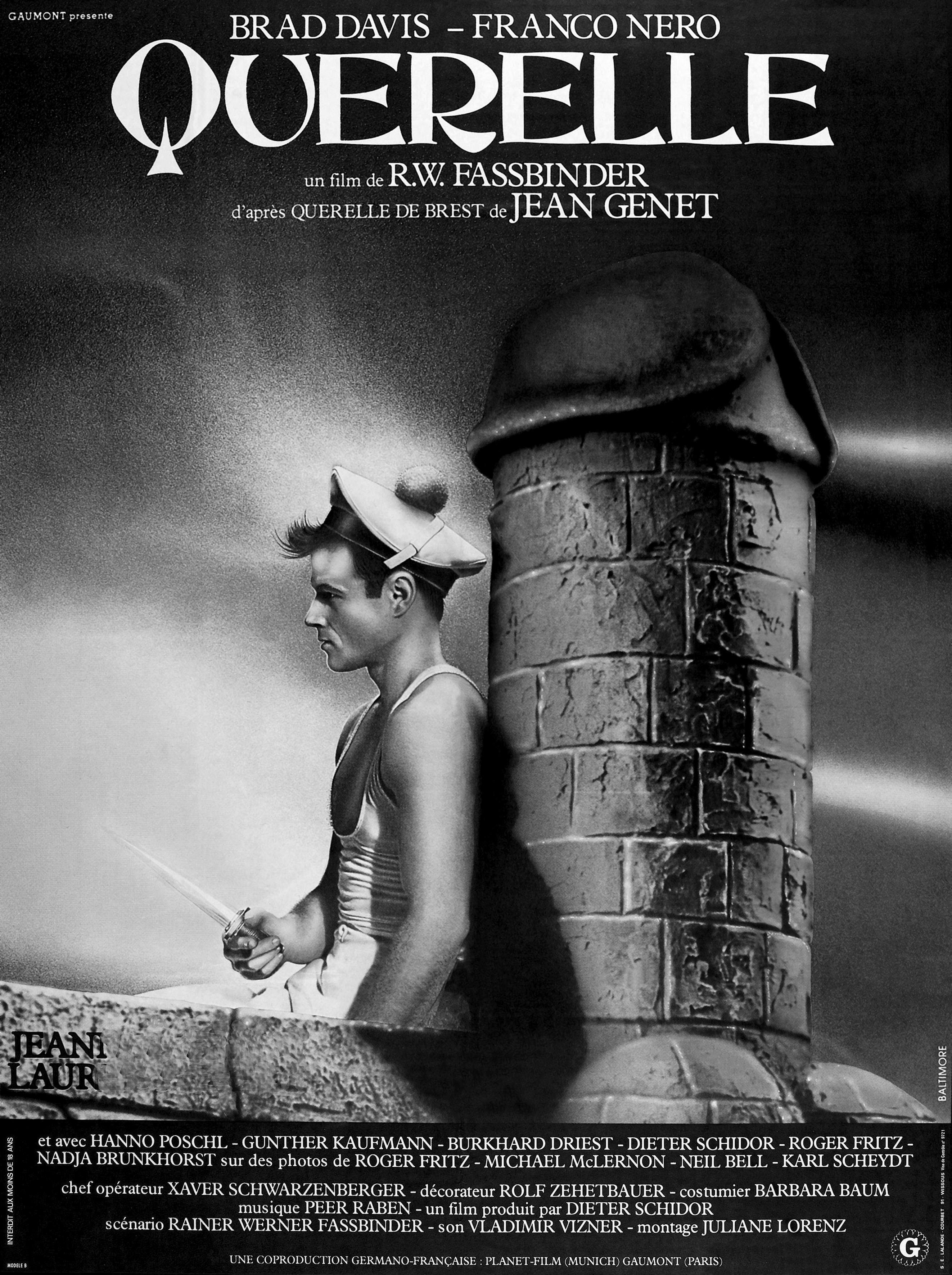 querelle year 1982 director rainer werner cinema / germany france man sailor chimney penis fassbinder brad davis movie poster (fr) based upon the novel of jean genet person human advertisement
