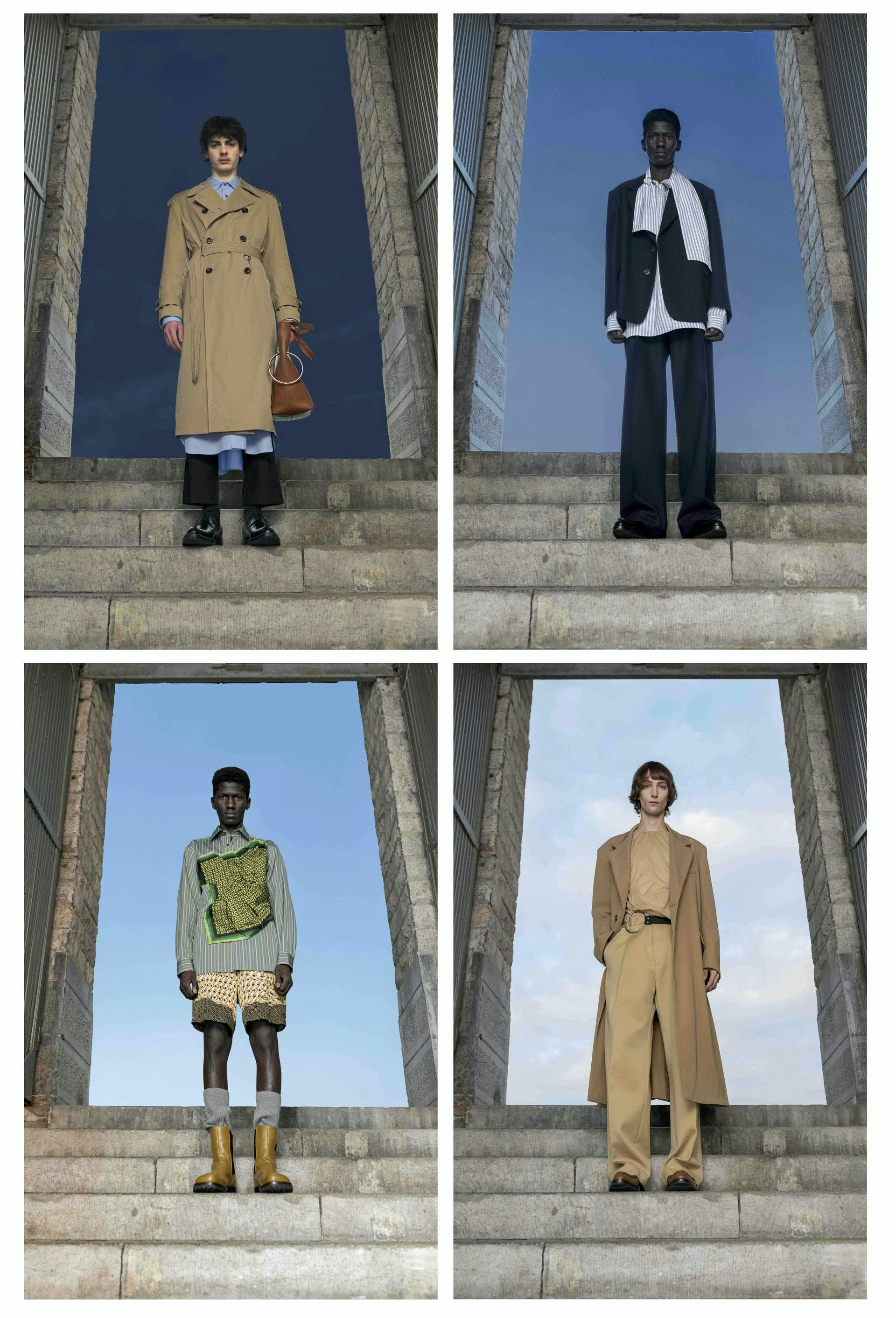 clothing apparel overcoat coat collage poster advertisement trench coat person human