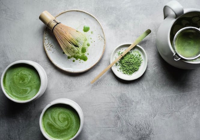 spoon cutlery plant vase pottery jar green tea beverage drink