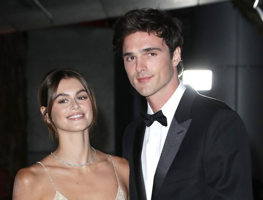 Kaia Gerber in a nude dress and and Jacob Elordi black tuxedo.