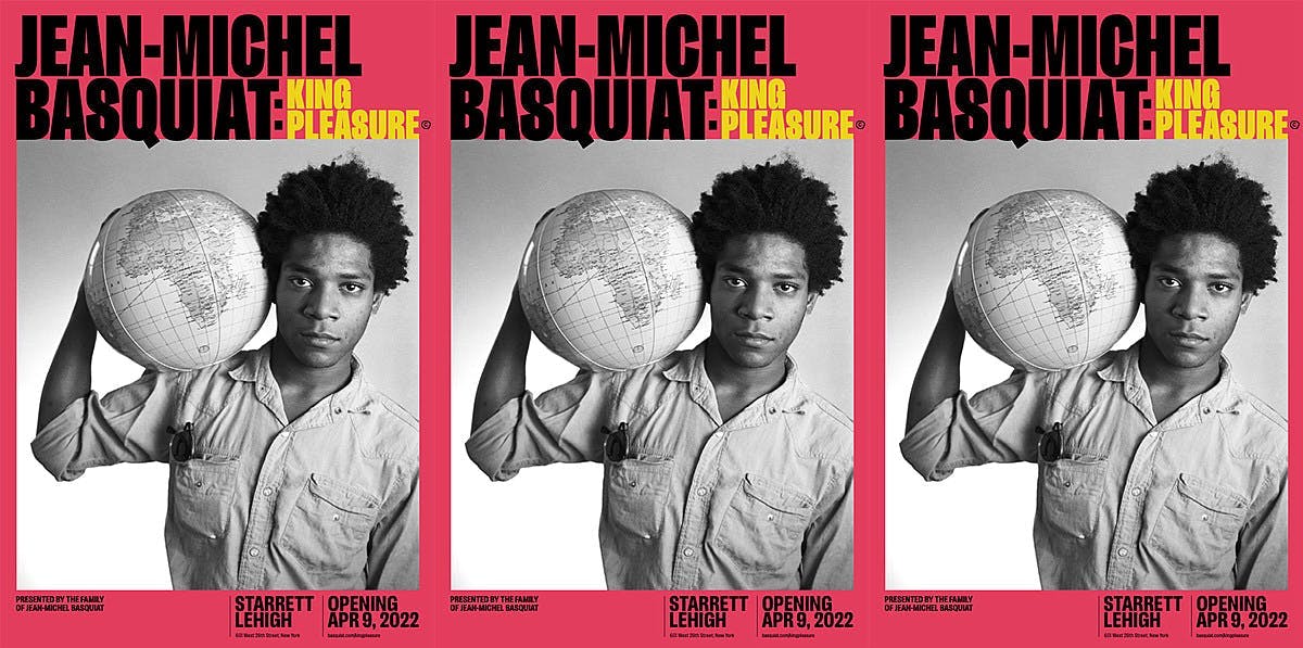 A poster of Jean-Michel Basquiat's painting King Pleasure. A photo of him holding a globe rendered in black and white.