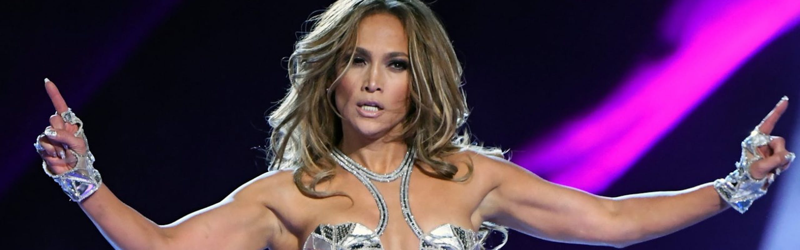 Jennifer Lopez wears silver jewel catsuit while performing at the 2022 Superbowl Halftime Show.