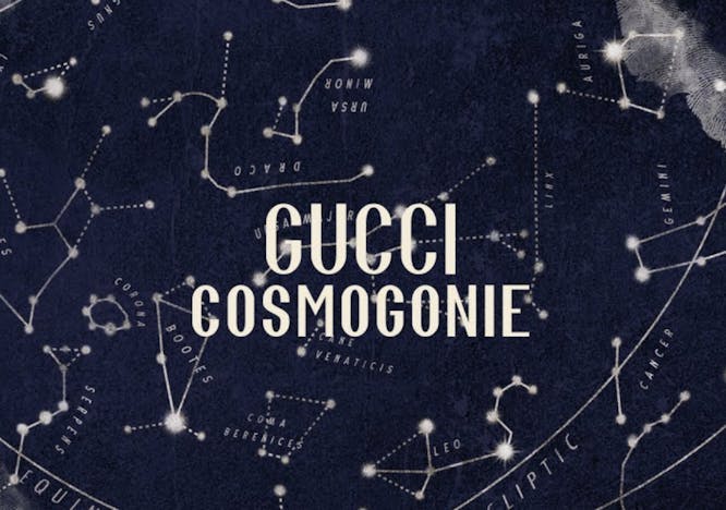 Blue map with constellations with the words "Gucci Cosmogonie"