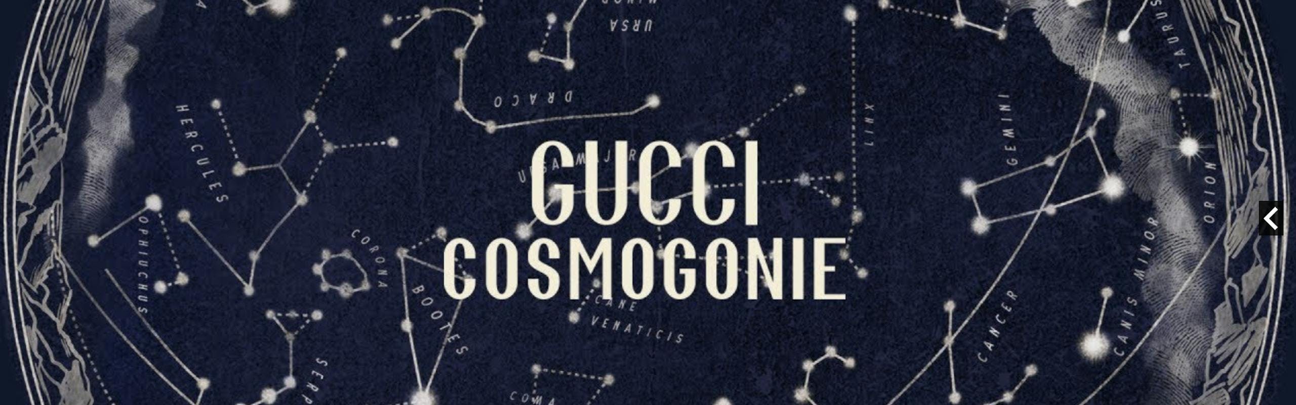 Blue map with constellations with the words "Gucci Cosmogonie"