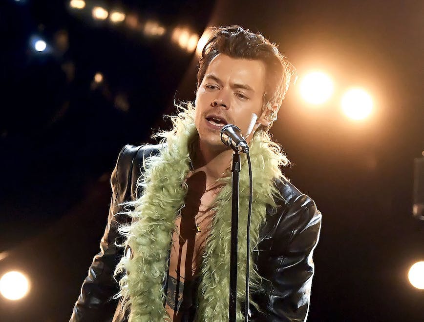 Harry Styles in a black leather jacket and green feather scarf.