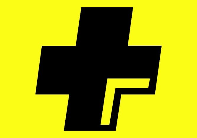 The creator plus logo: A black plus sign on a yellow background