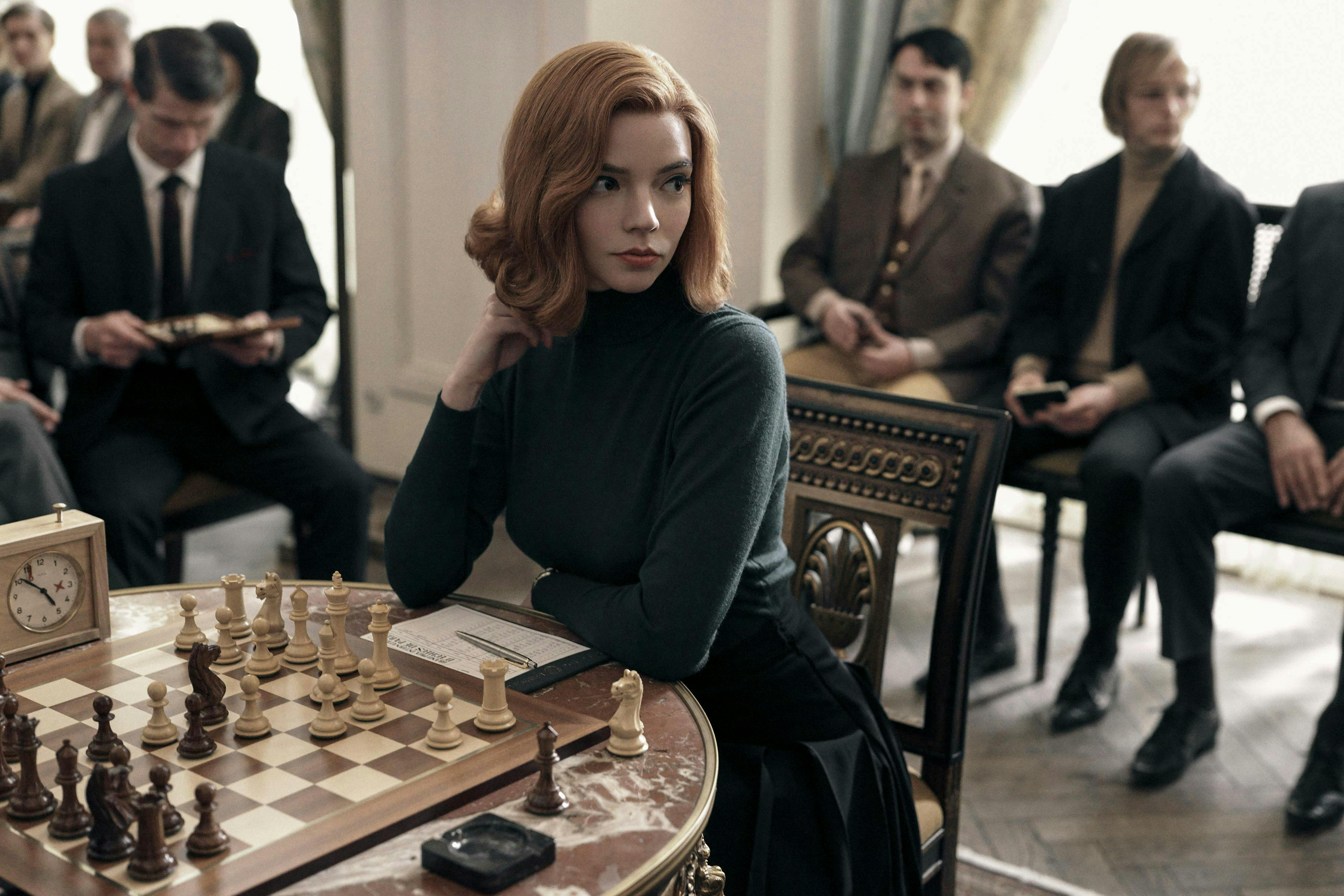 Anya Taylor-Joy as Beth Harmon in The Queen's Gambit playing chess