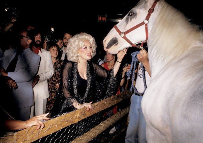 Dolly Parton petting a horse while partying at Studio 54.
