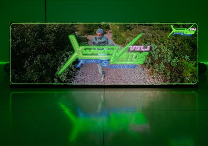 image of a green futuristic artwork with an individual running through a forest
