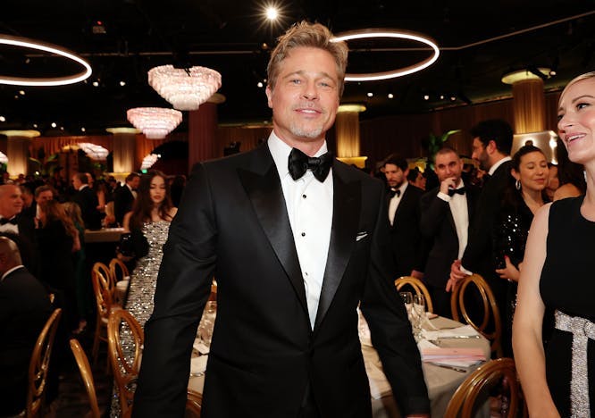 Brad Pitt wearing a tuxedo at the 2023 Golden Globes.