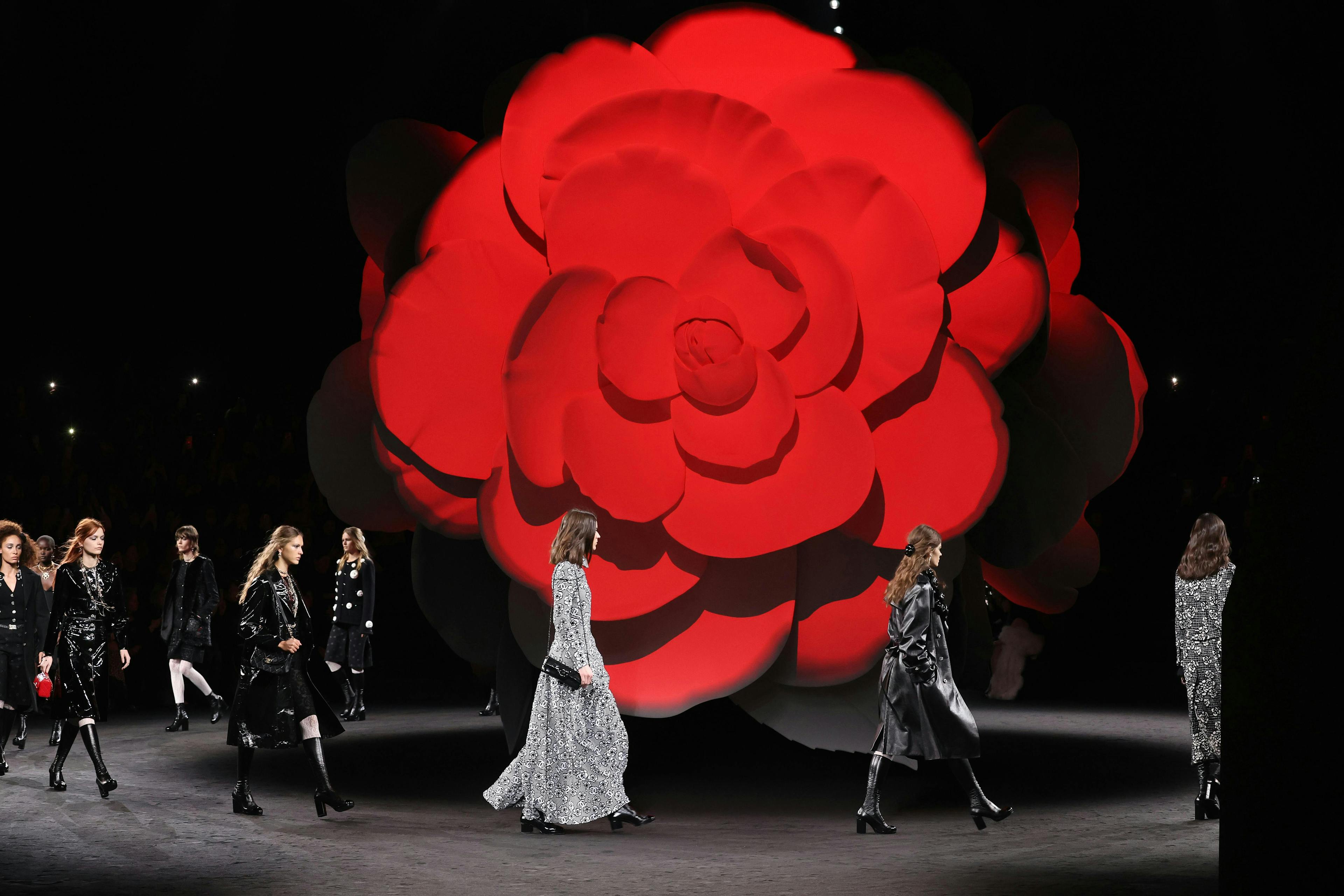 Chanel show red camellia flower