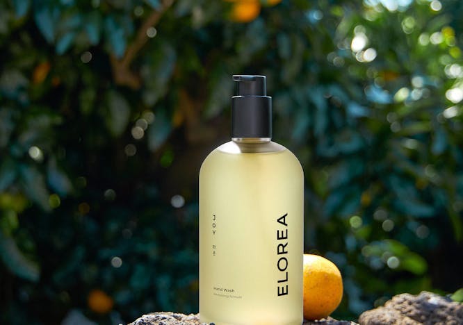 A bottle of Elorea cologne atop a rock and a tree background.