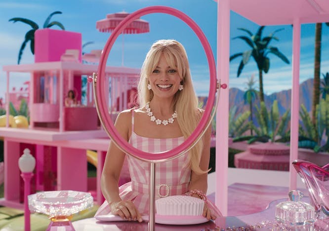 Margot Robbie in pink dress Barbie movie outfits to shop