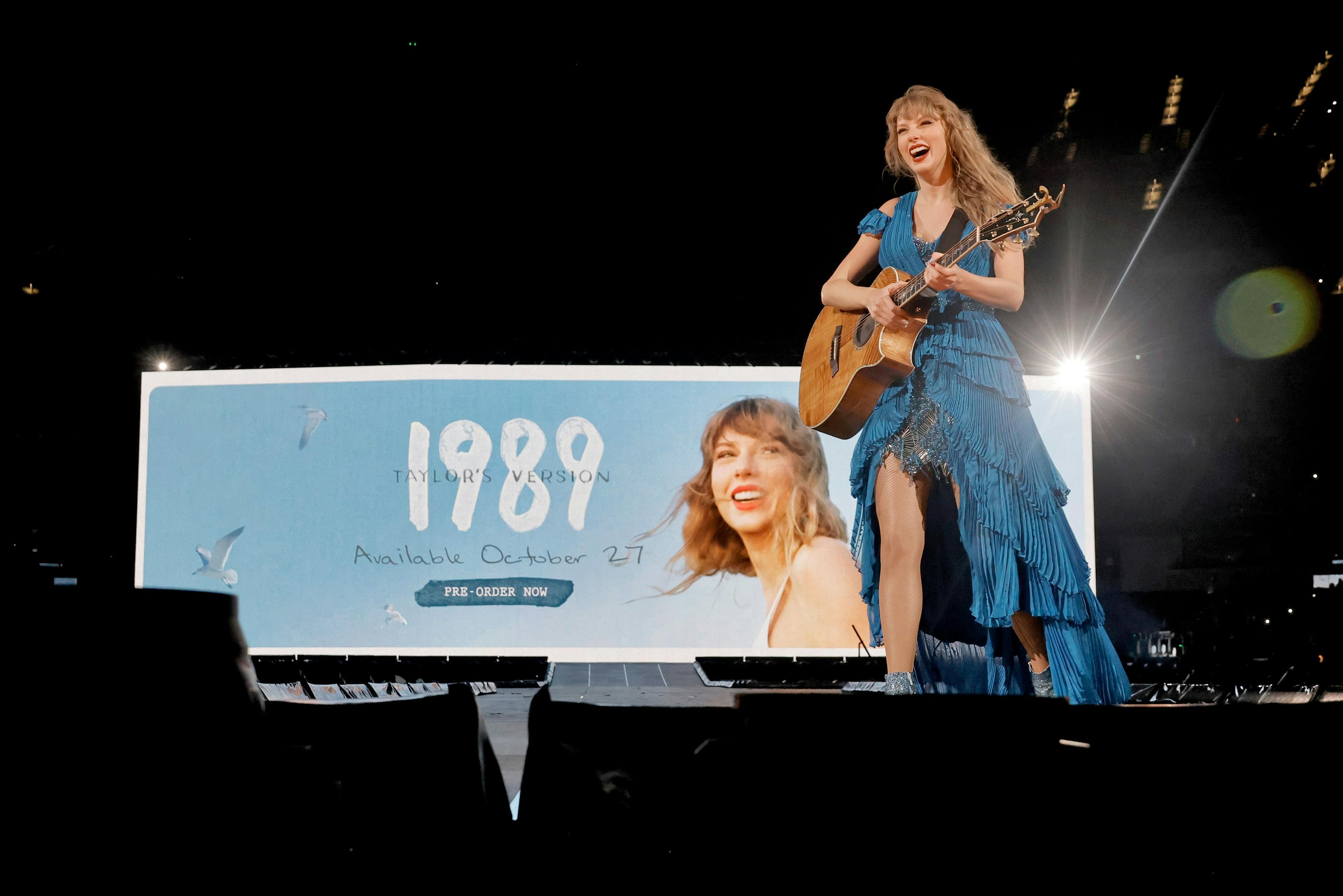 Taylor Swift '1989 (Taylor's Version)' blue outfits; Taylor Swift announces release of '1989 (Taylor's Version)' at final U.S. leg of the Eras Tour.