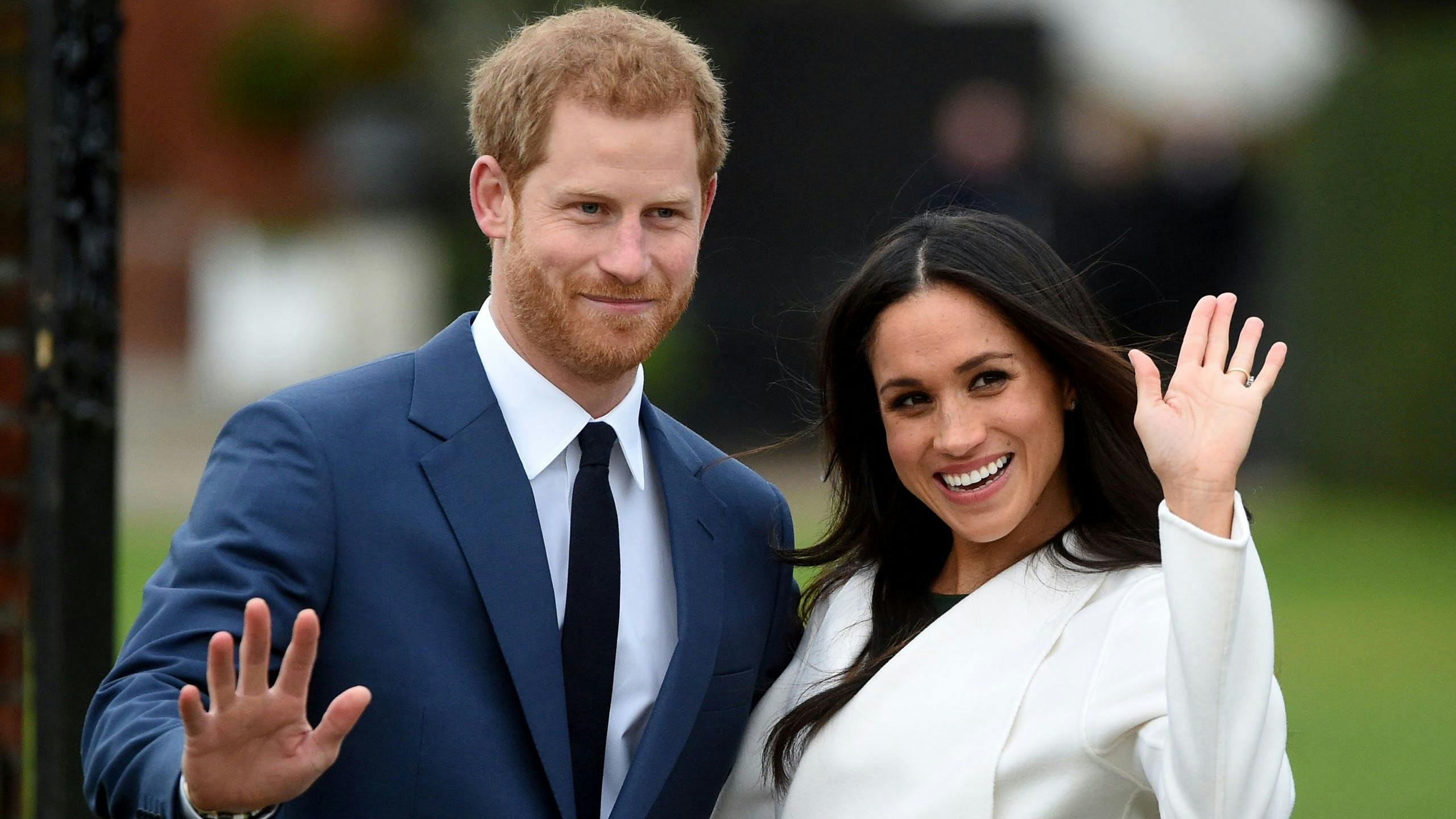 meghan markle and prince harry waving; meghan markle engagement ring