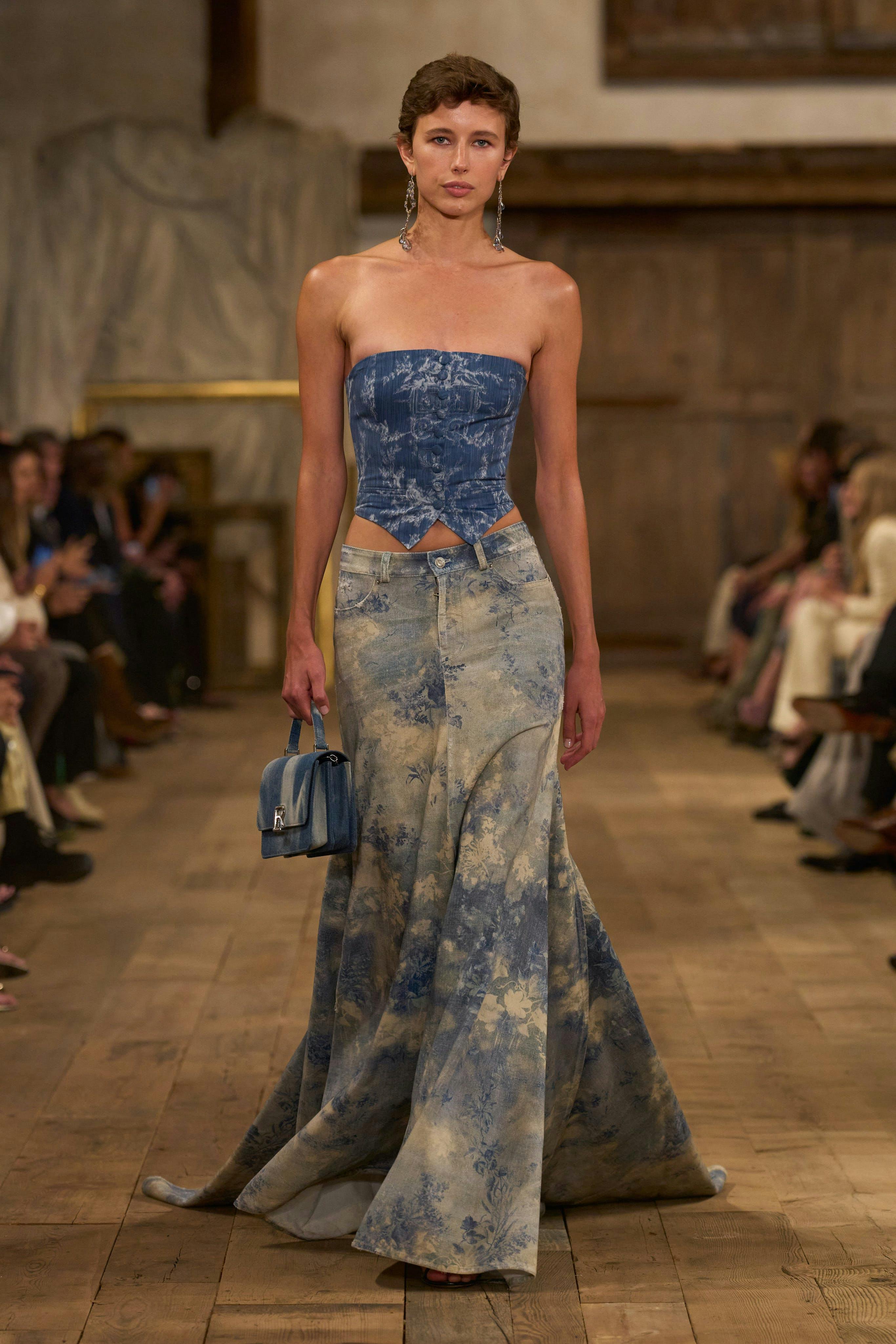 model in denim tupe top and maxi skirt