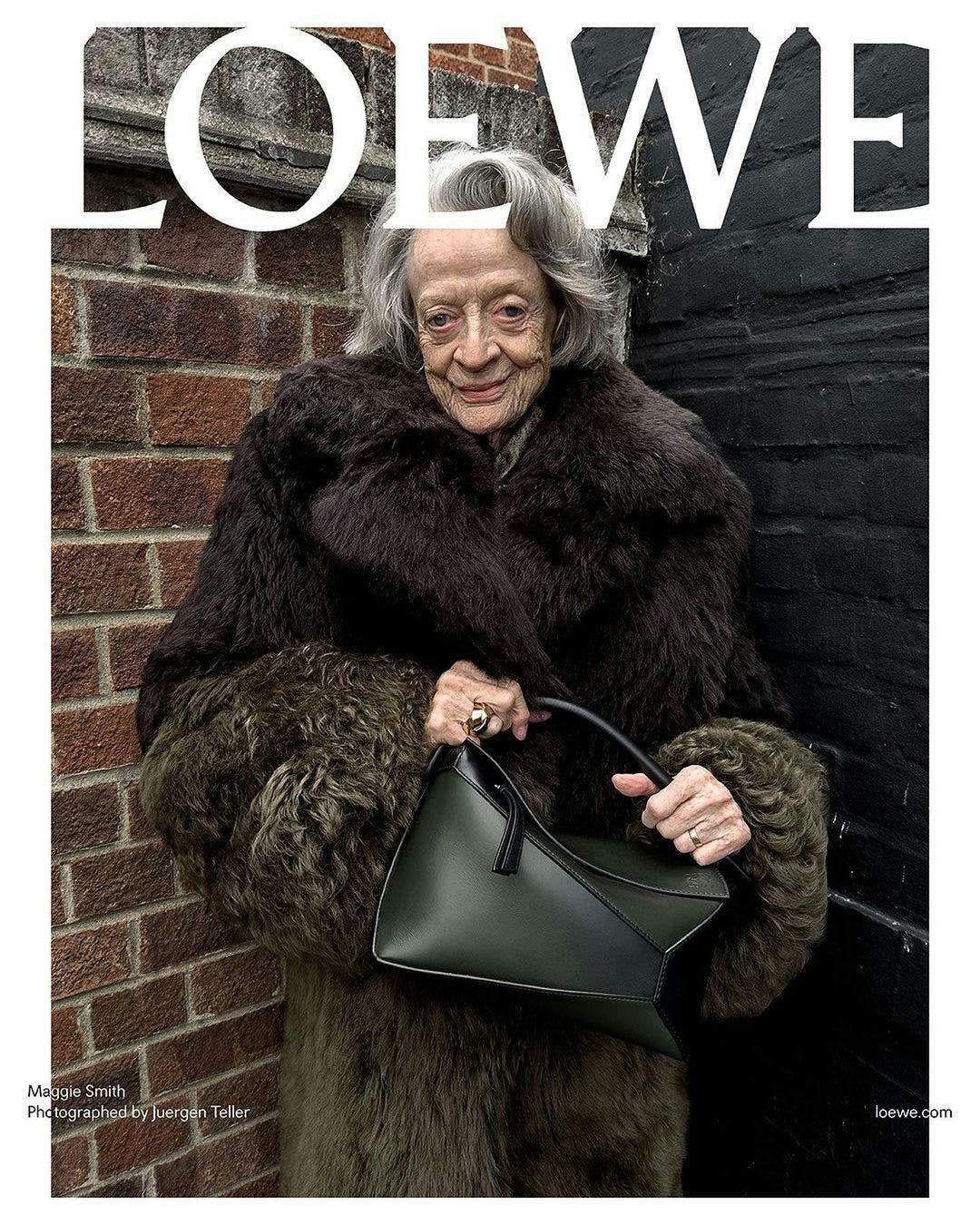 maggie smath wearing a fur coat and purse fronting loewe campaign