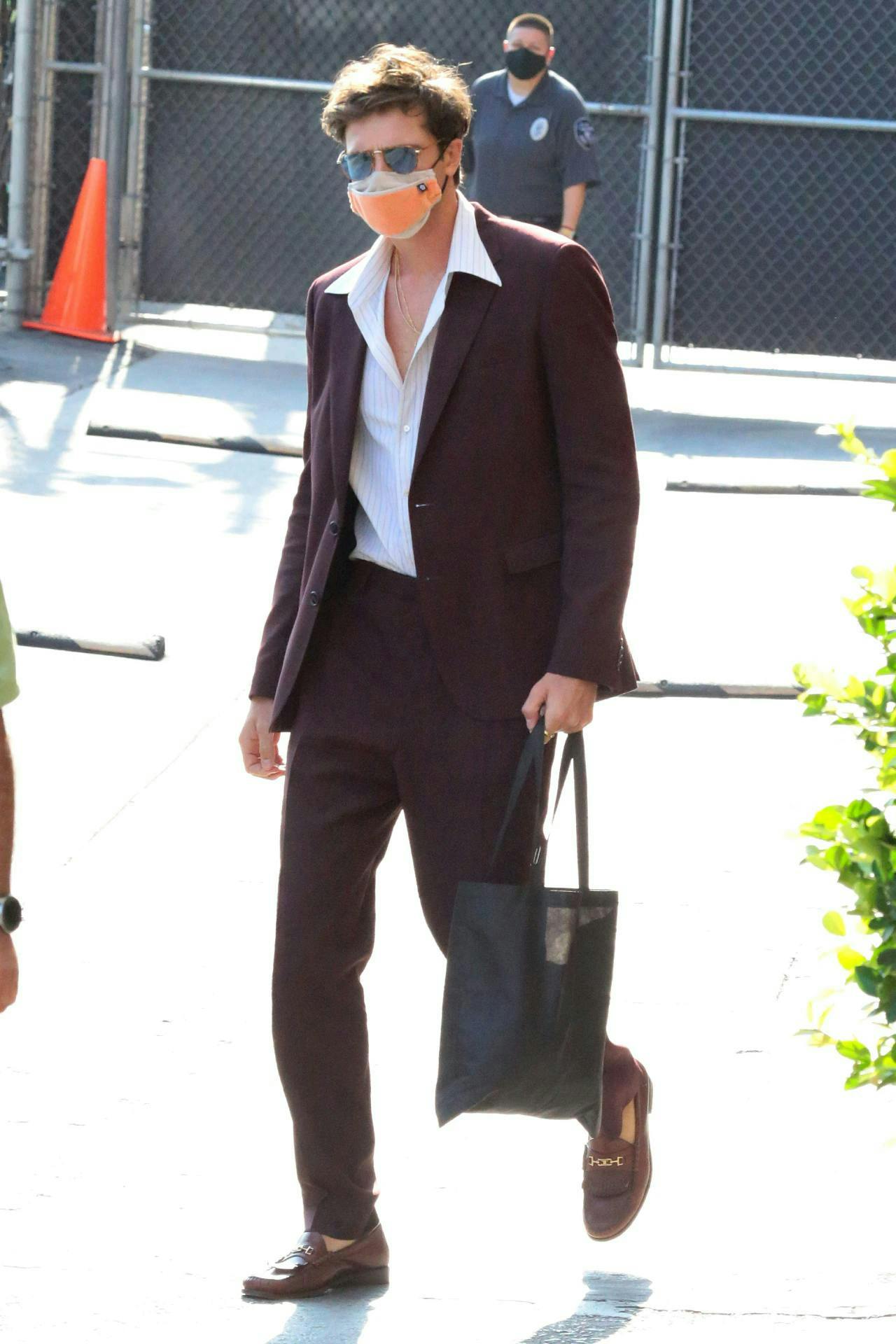 jacob elordi in brown suit and penny loafers mens