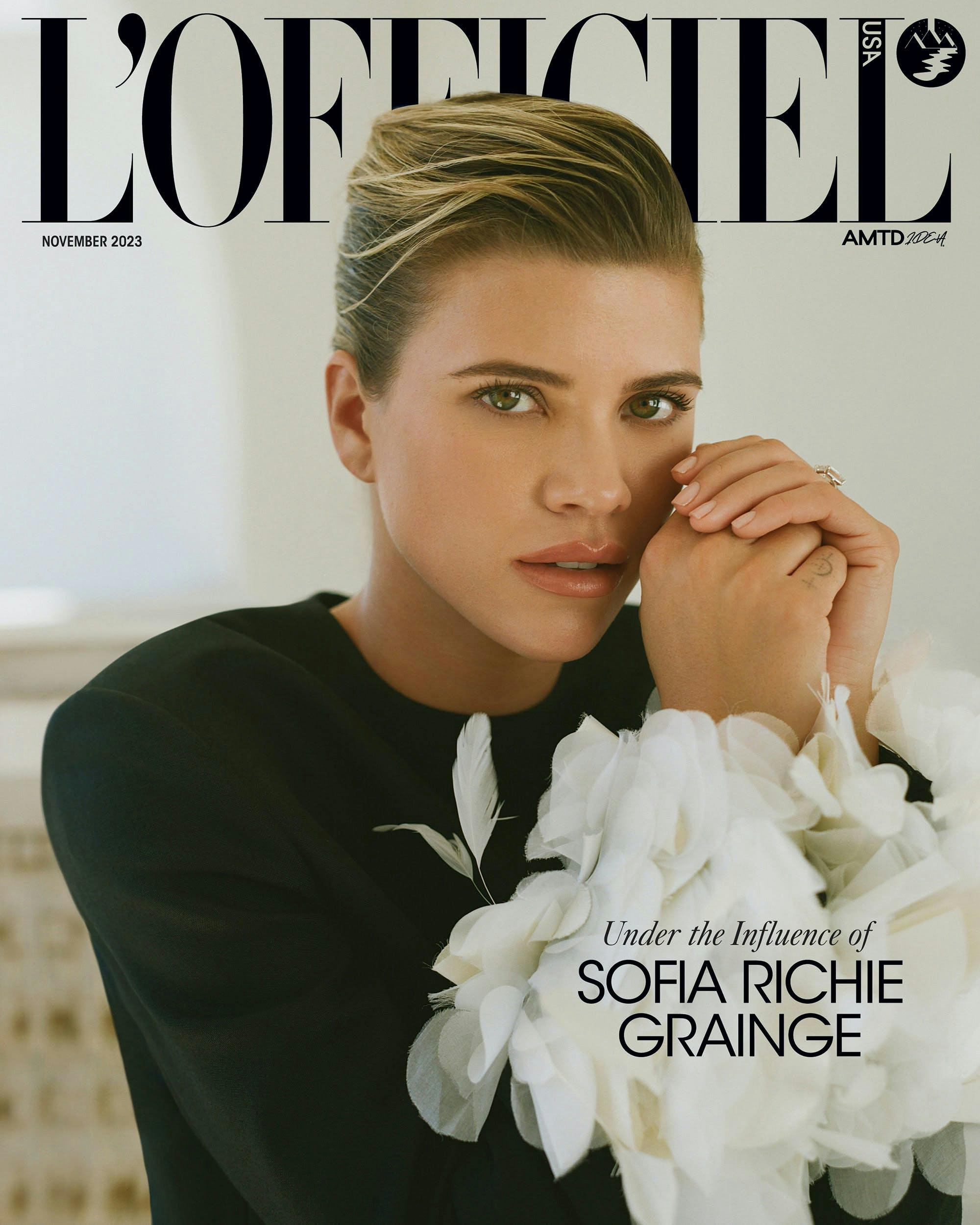 sofia richie on the cover of l'officiel with slicked back hair and wearing a black shirt