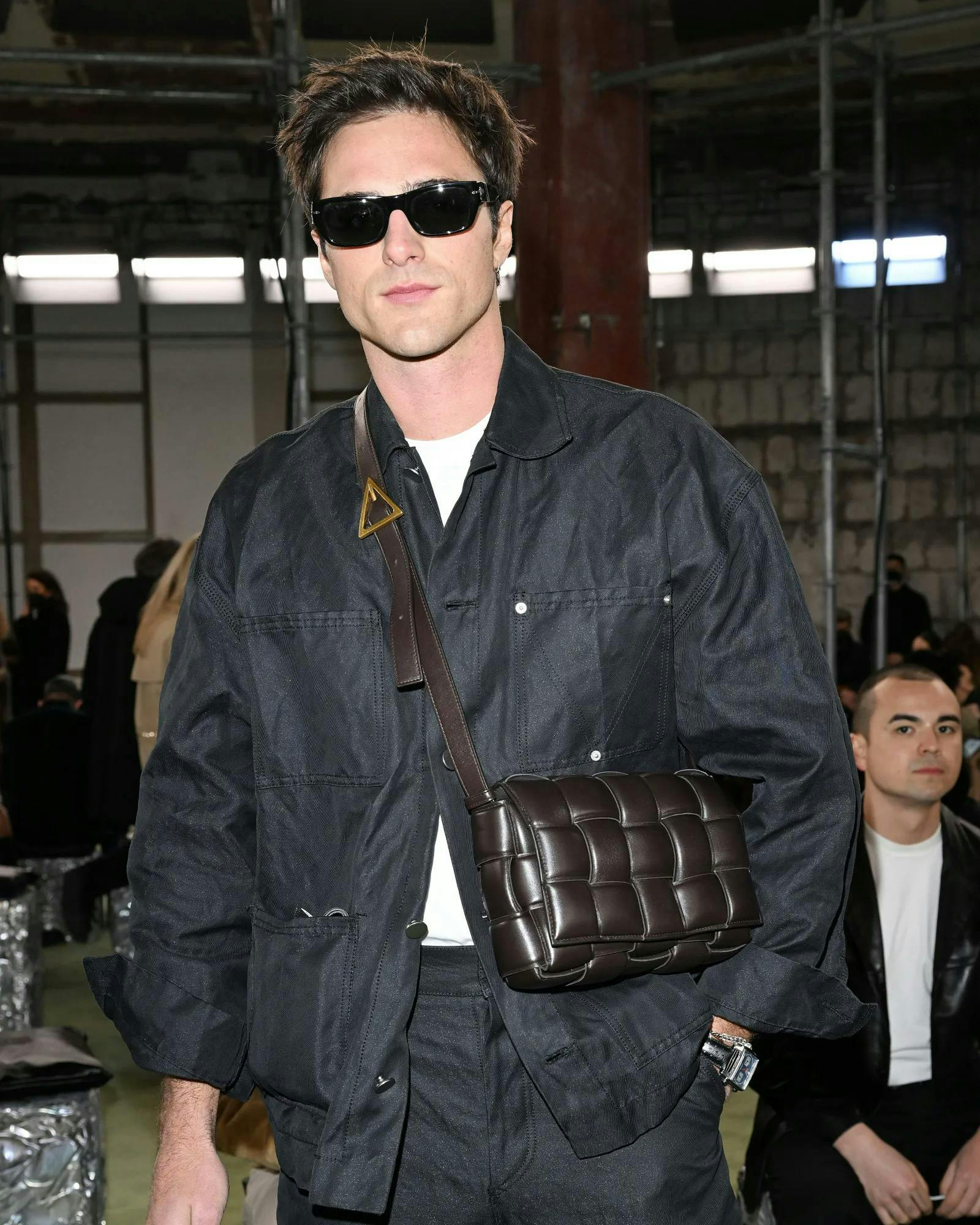 jacob elordi in black sunglasses, a grey matching set and a bottega veneta woven handbag