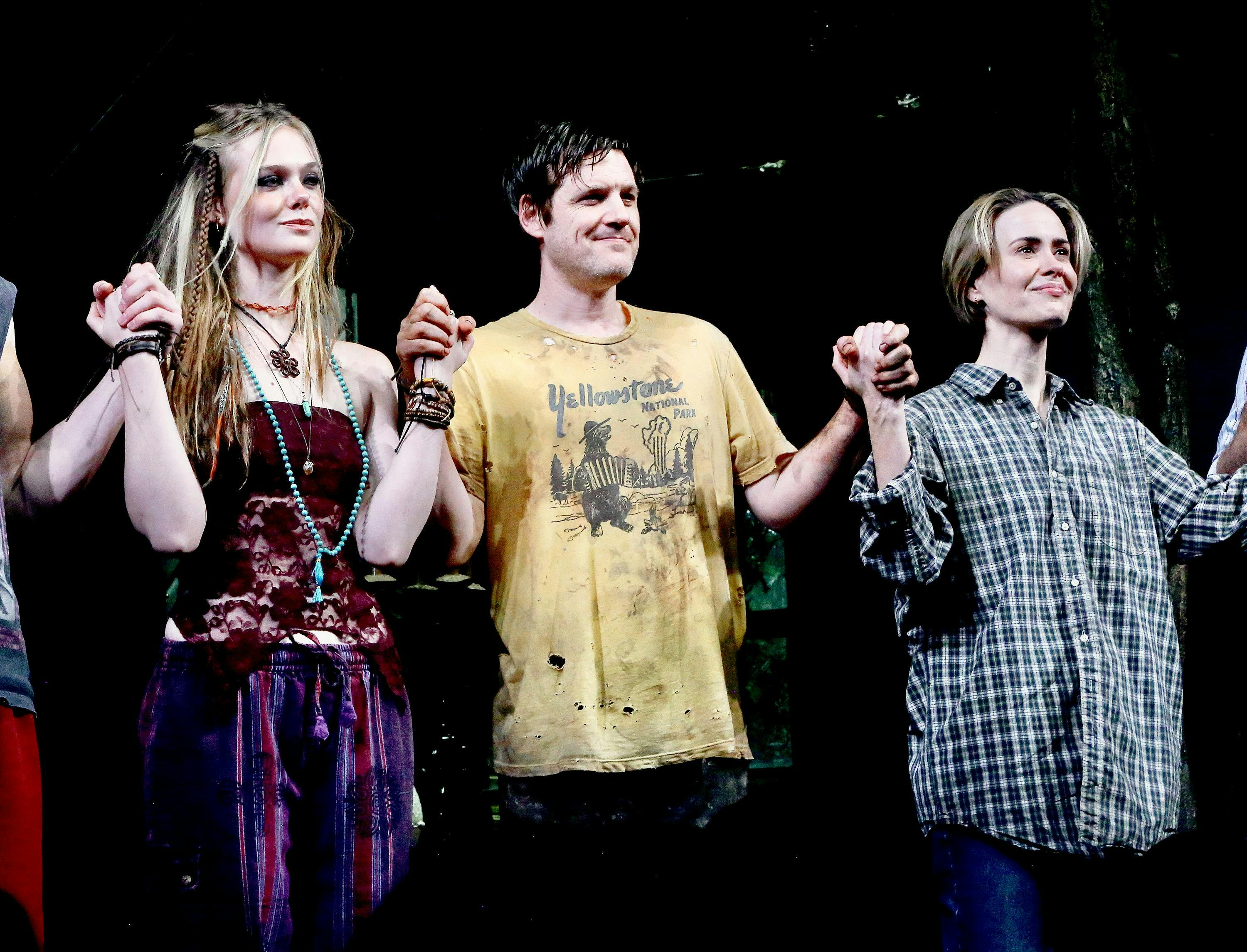 Sarah Paulson and Elle Fanning bowing with cast on Broadway.