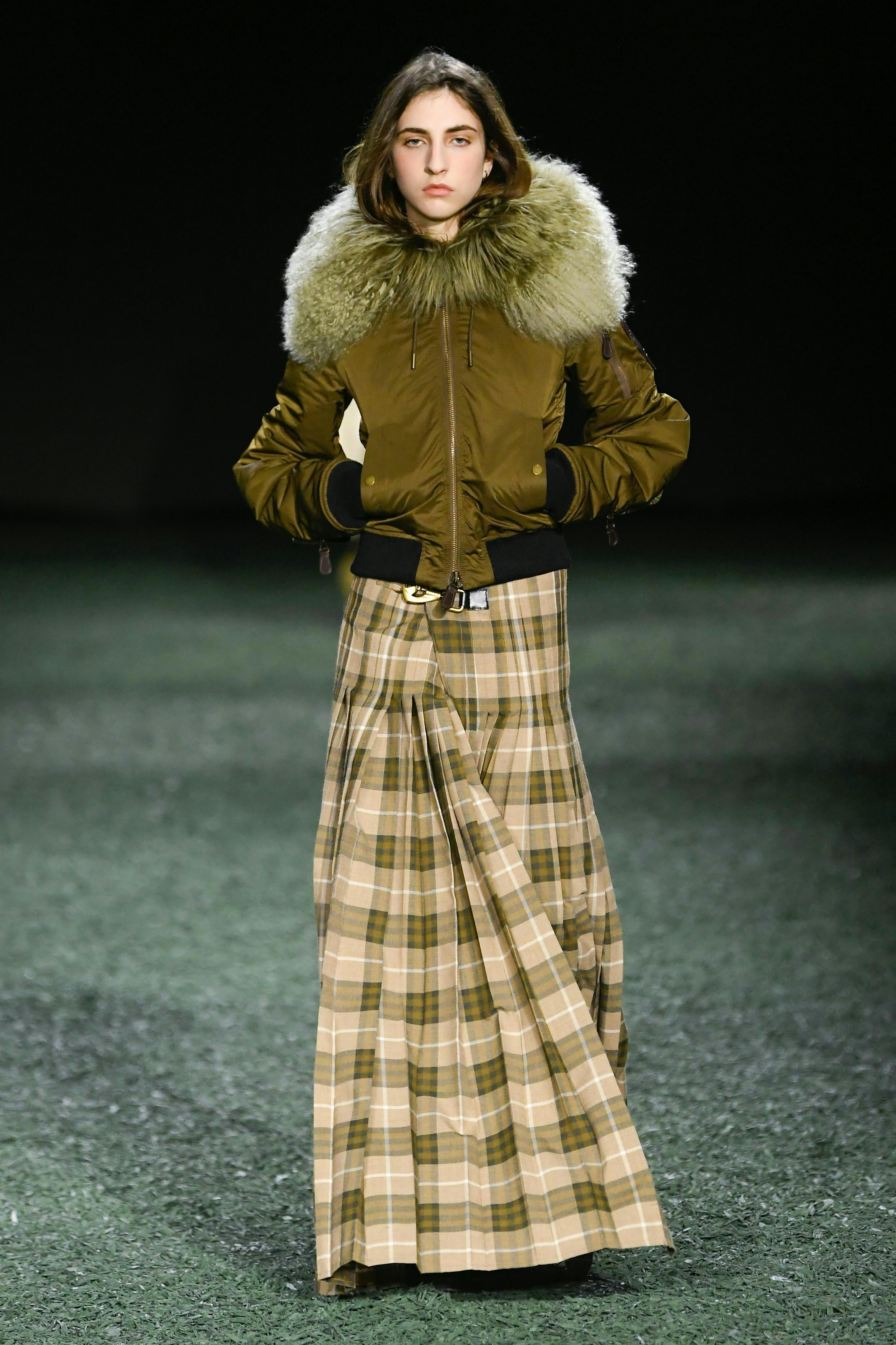 pmcarc rtw fall 2024 lfw runway topics london fashion adult female person woman coat jacket long sleeve skirt tartan