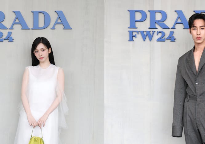 Left: Karina of Aespa wearing a white dress holding a yellow bag; Right: Lee Jae-wook wearing a grey suit