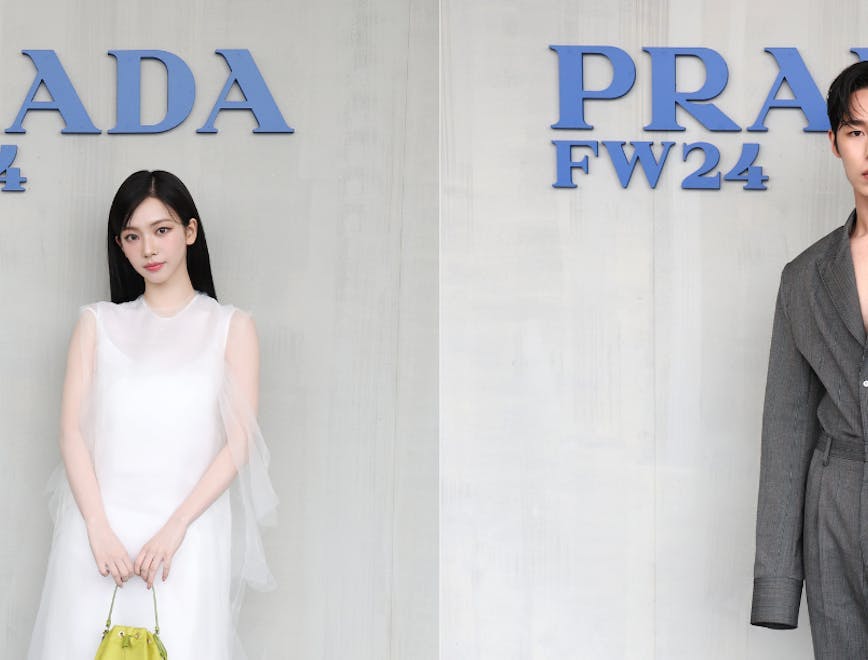 Left: Karina of Aespa wearing a white dress holding a yellow bag; Right: Lee Jae-wook wearing a grey suit